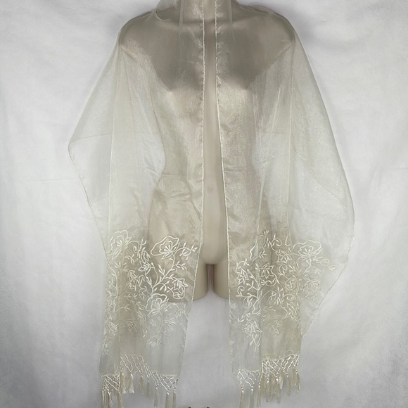 Ivory Embroidered Fringed Wrap - Picture 6 of 6